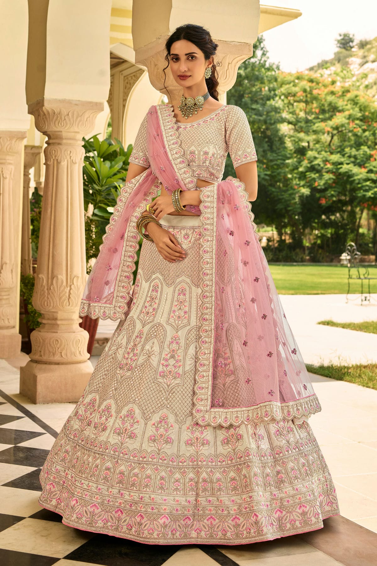 Cream Colour Embroidery Organza Lehenga Choli