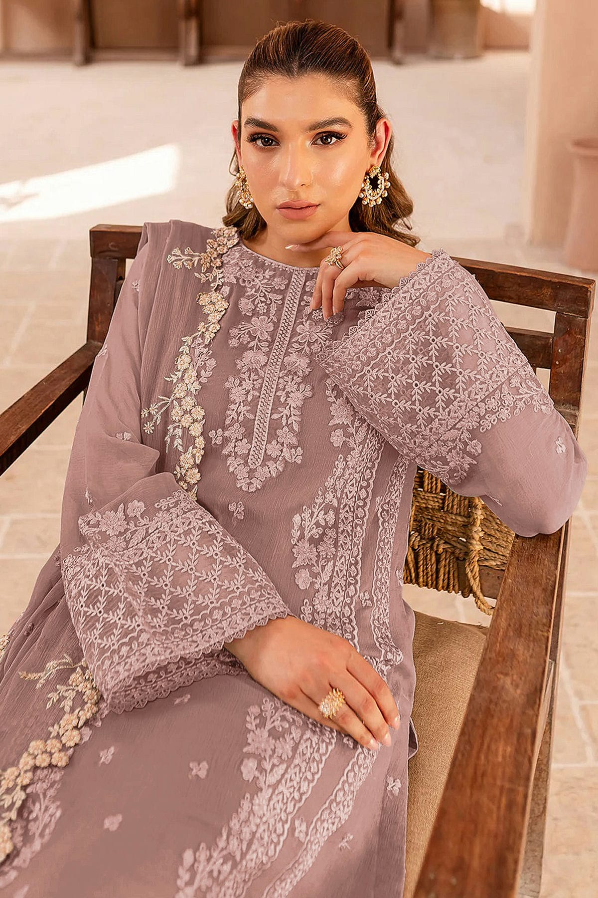 Cream Colour Faux Georgette Semi Stitched Pakistani Suit VSSM1140477