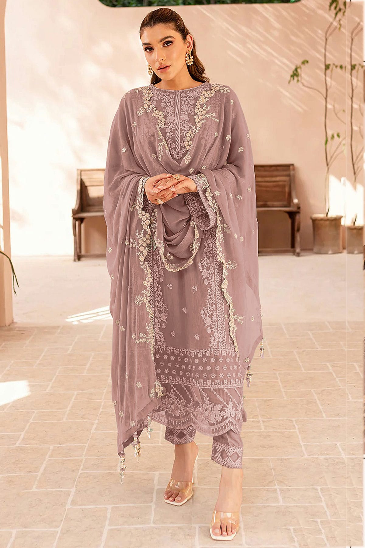 Cream Colour Faux Georgette Semi Stitched Pakistani Suit