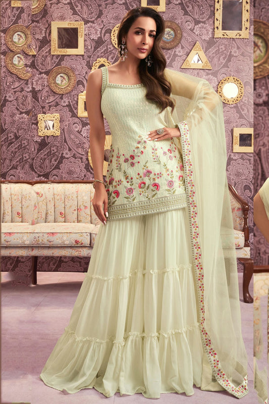 Cream Colour Faux Georgette Semi Stitched Sharara Suit