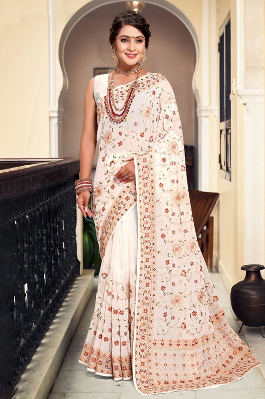 Cream Colour Georgette Designer Saree