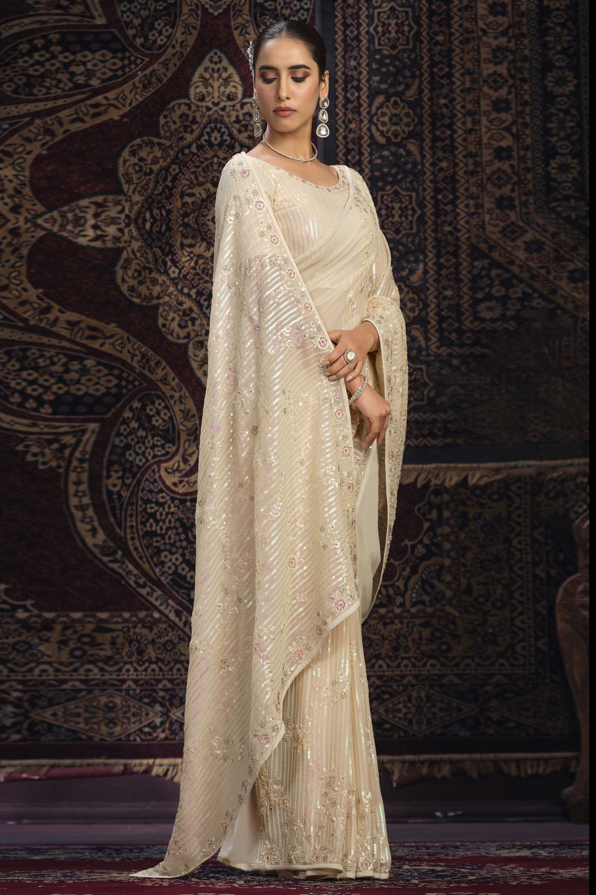 Cream Colour Georgette Designer Saree