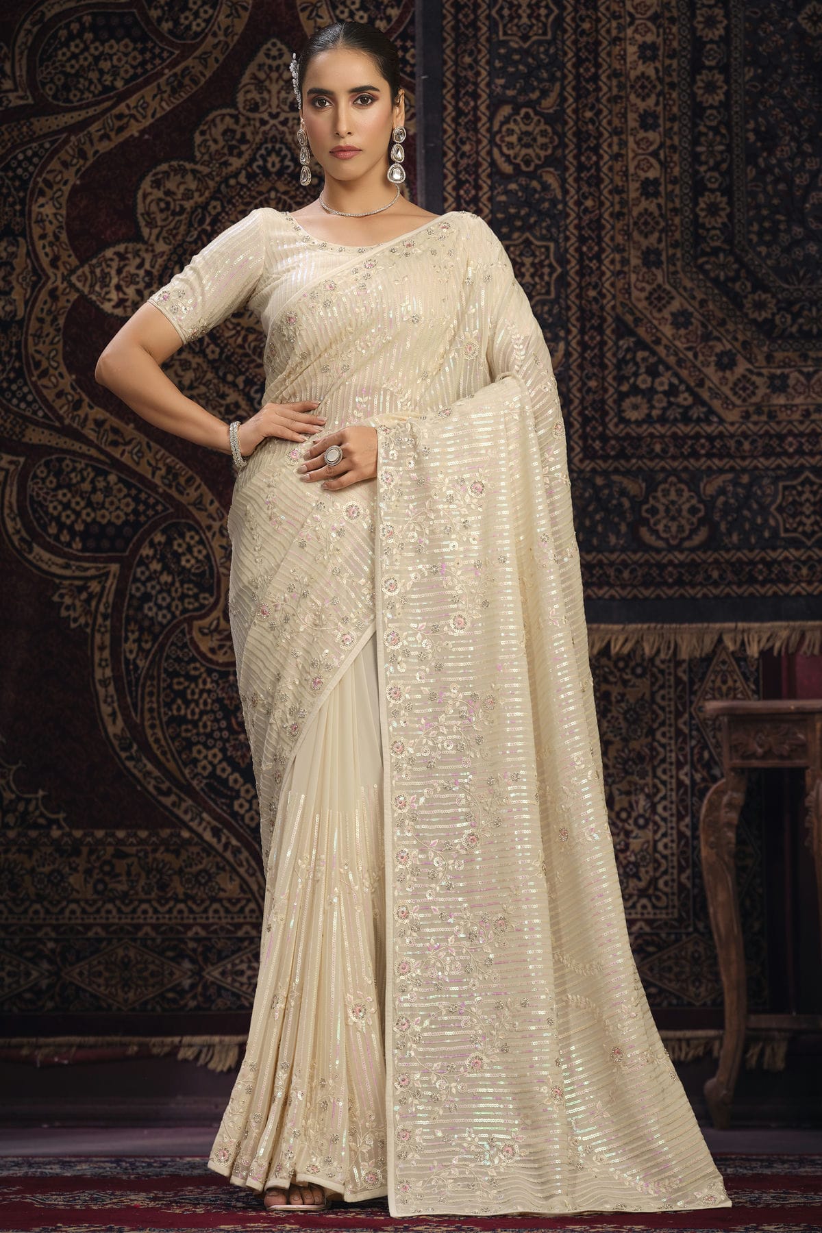 Cream Colour Georgette Designer Saree