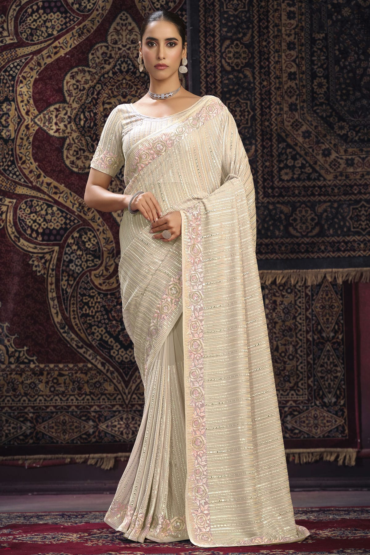 Cream Colour Georgette Designer Saree