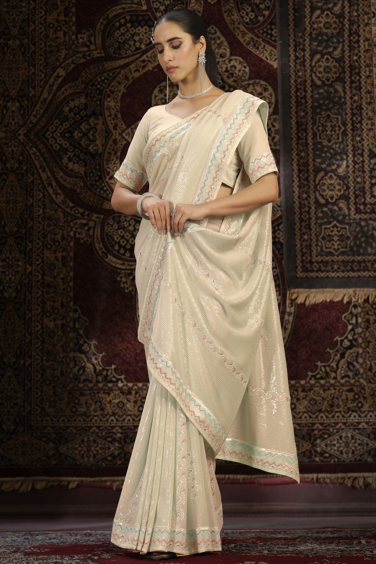 Cream Colour Georgette Designer Saree VSSD1080884