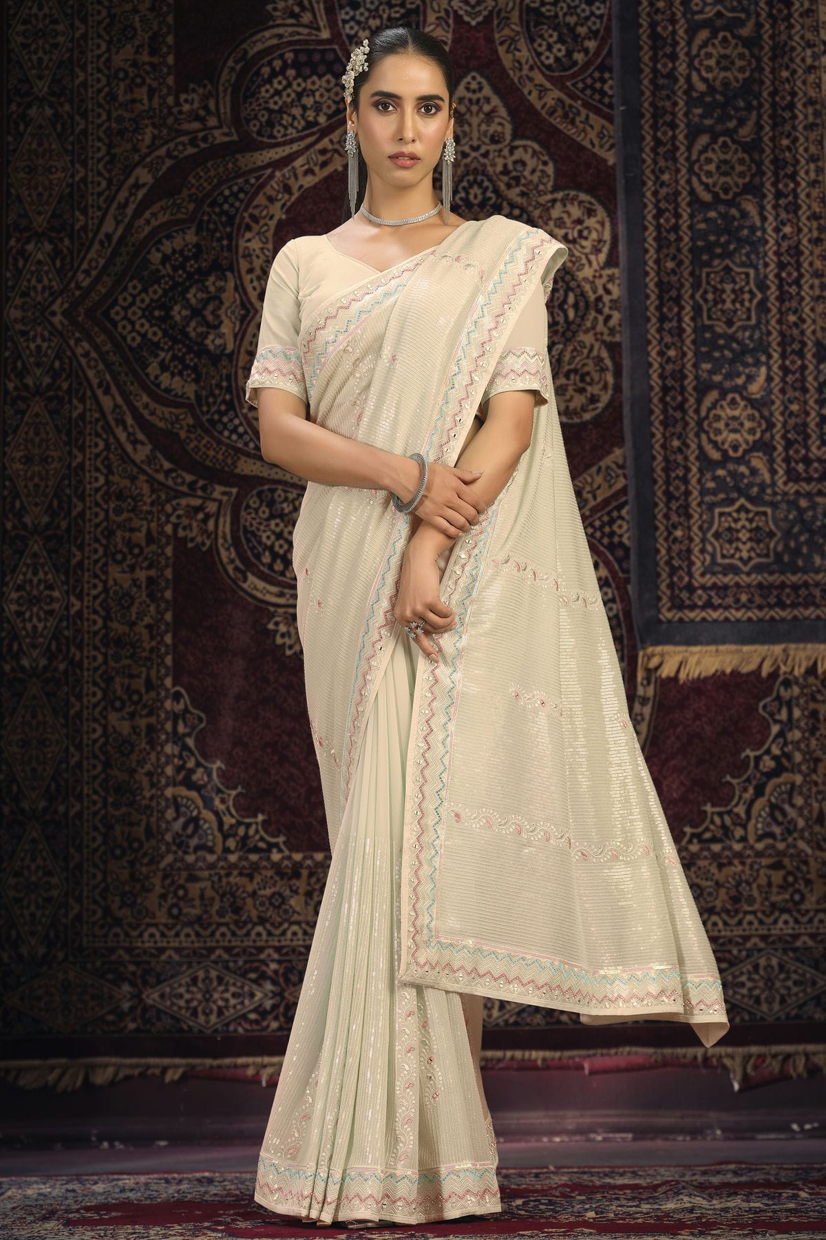 Cream Colour Georgette Designer Saree