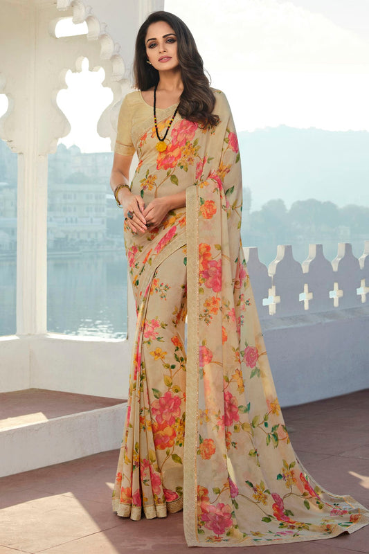 Cream Colour Georgette Printed Saree