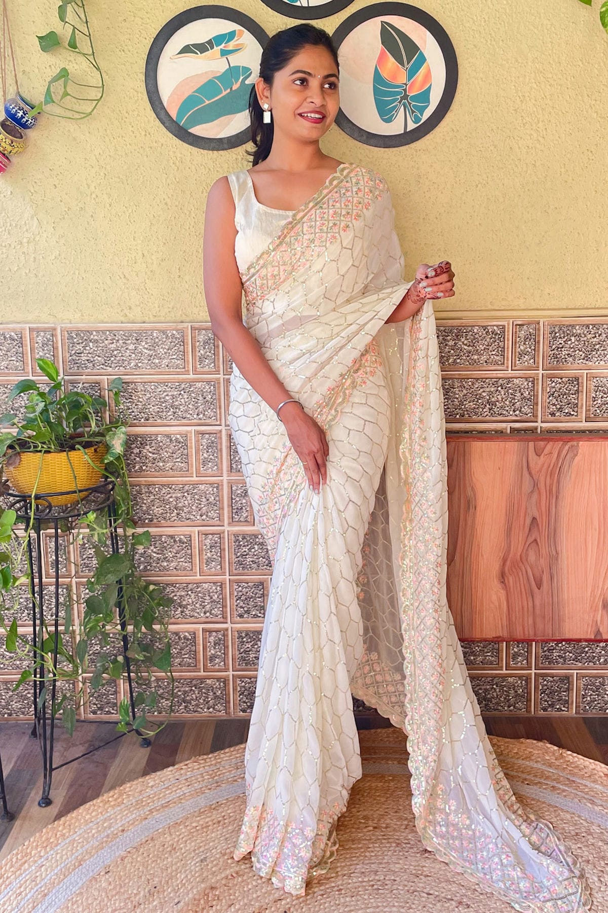 Cream Colour Georgette Saree