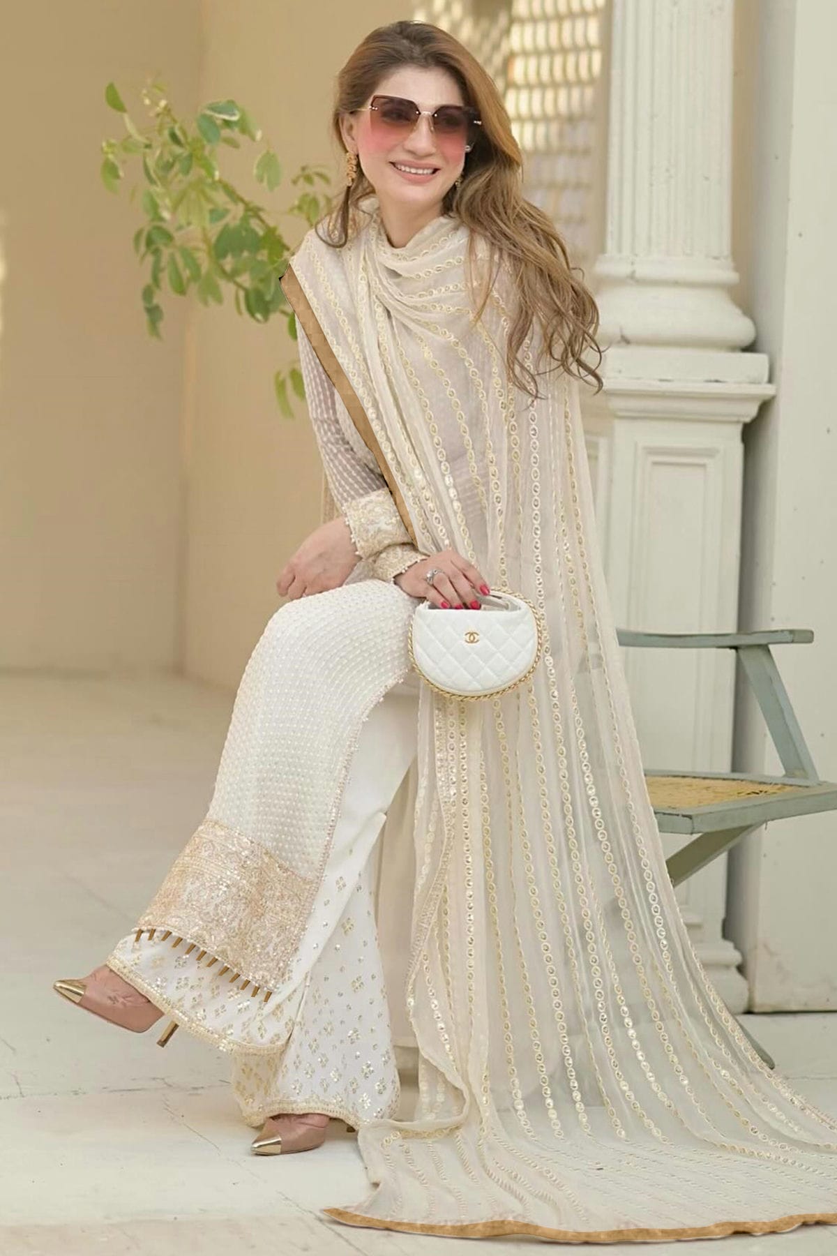 Cream Colour Georgette Semi Stitched Pakistani Suit