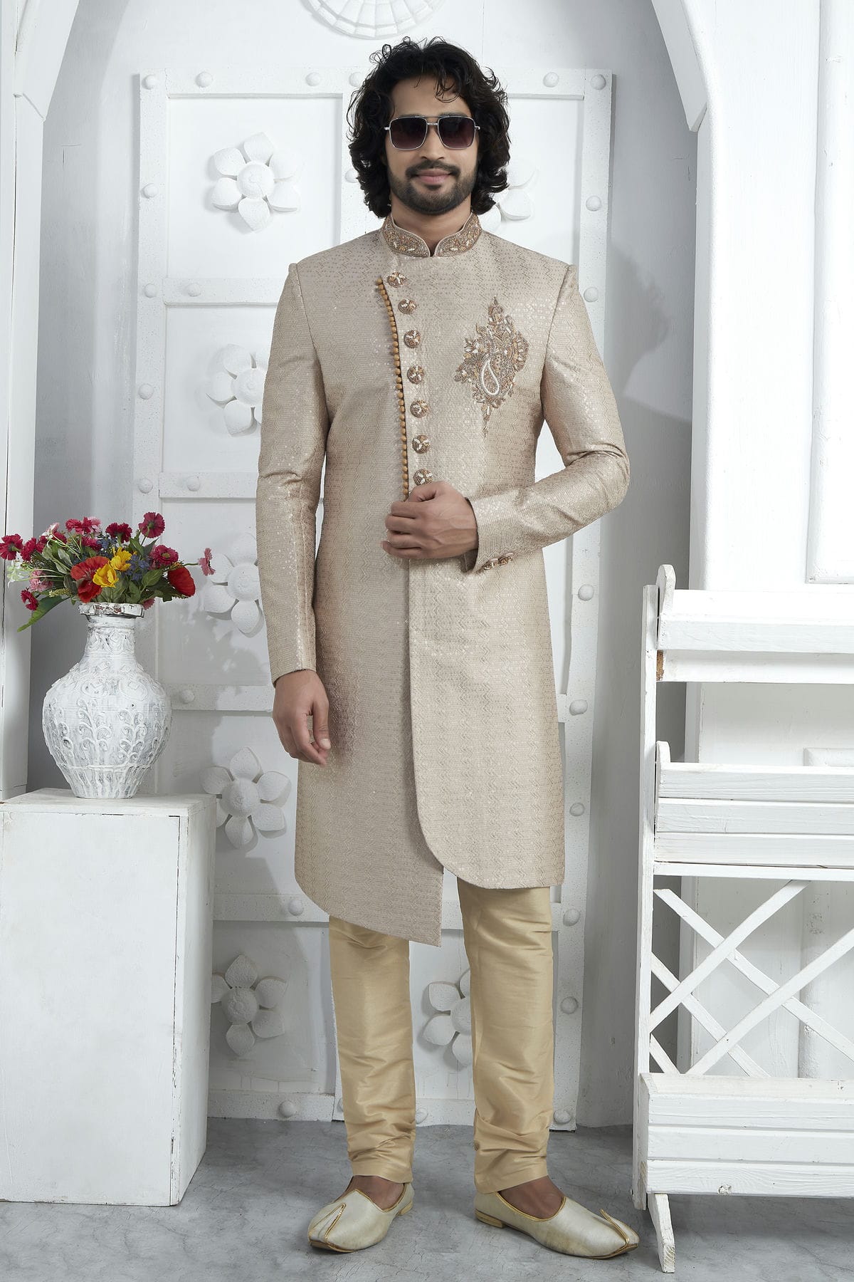 Cream Colour Georgette Sherwani With Churidar Pant VSSH1230075