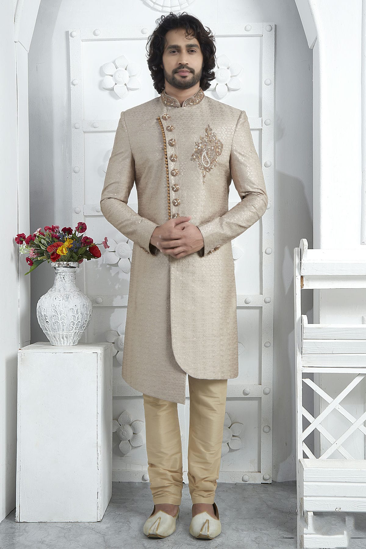 Cream Colour Georgette Sherwani With Churidar Pant