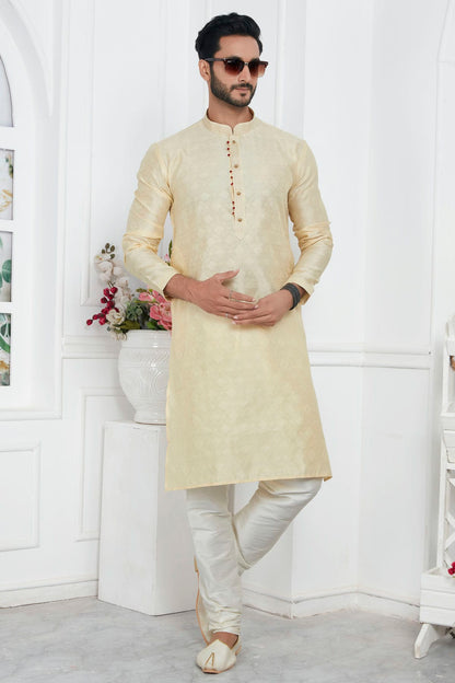 Cream Colour Jacquard Silk Brocade Kurta Pajama VSKP1230224