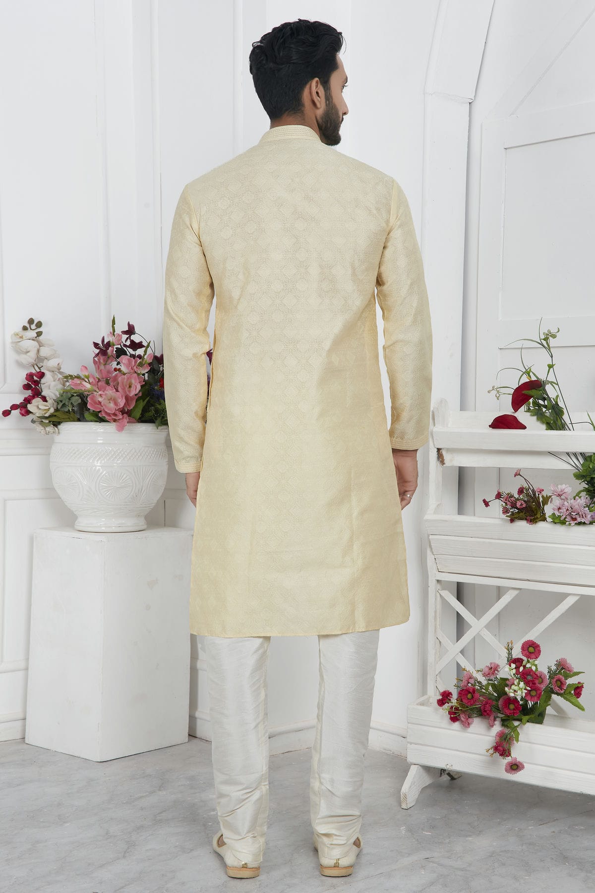 Cream Colour Jacquard Silk Brocade Kurta Pajama VSKP1230224