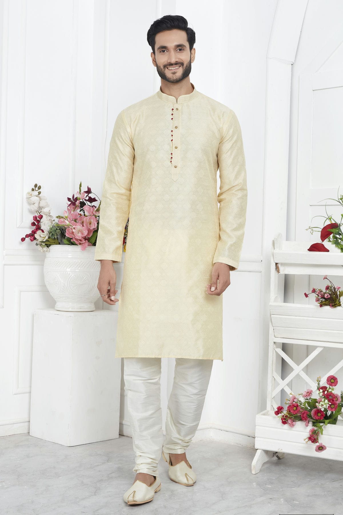 Cream Colour Jacquard Silk Brocade Kurta Pajama