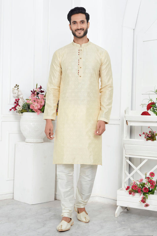 Cream Colour Jacquard Silk Brocade Kurta Pajama