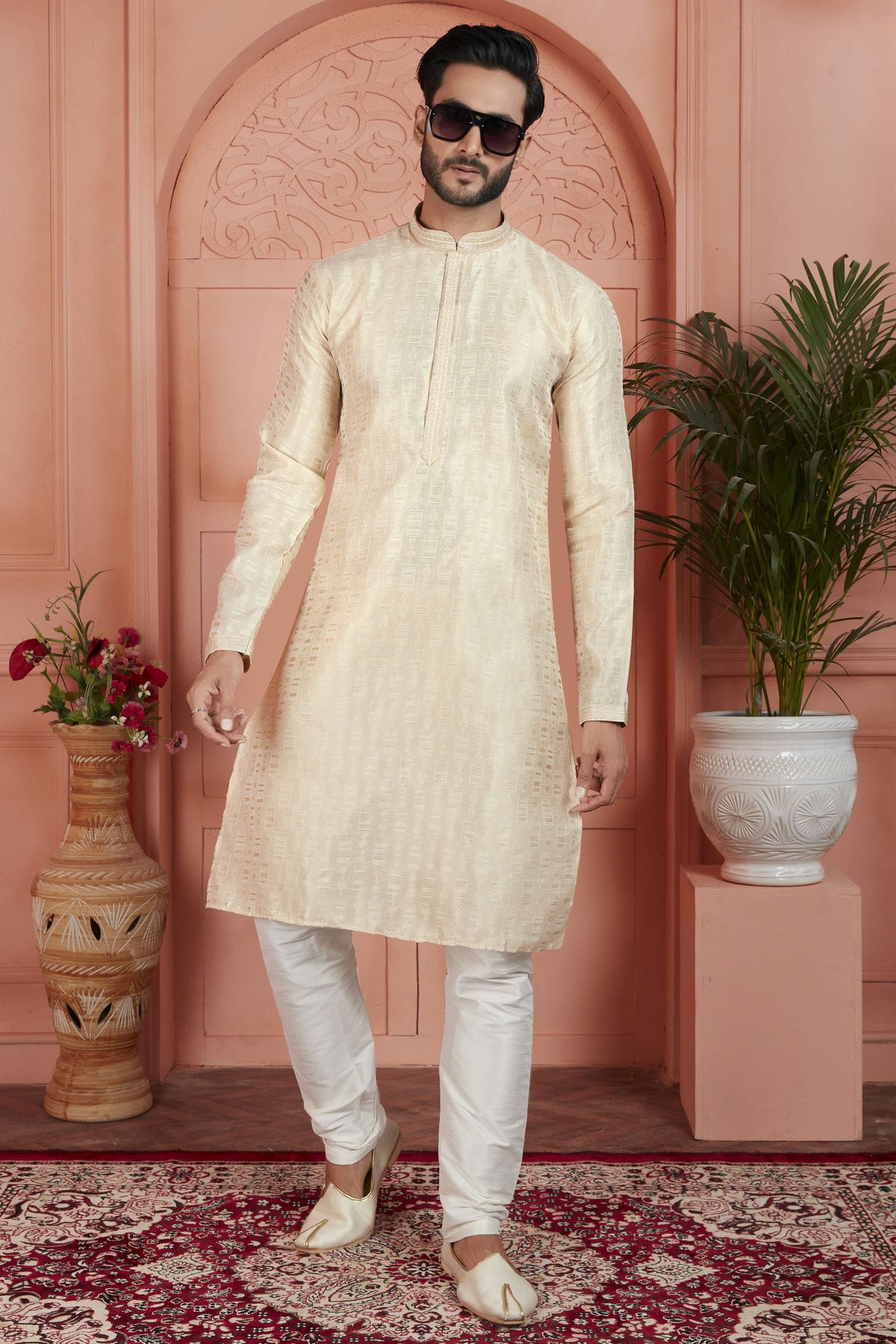 Cream Colour Jacquard Silk Brocade Kurta Pajama VSKP1230226