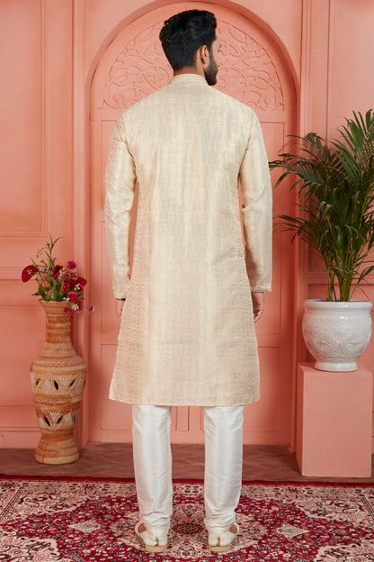 Cream Colour Jacquard Silk Brocade Kurta Pajama VSKP1230226