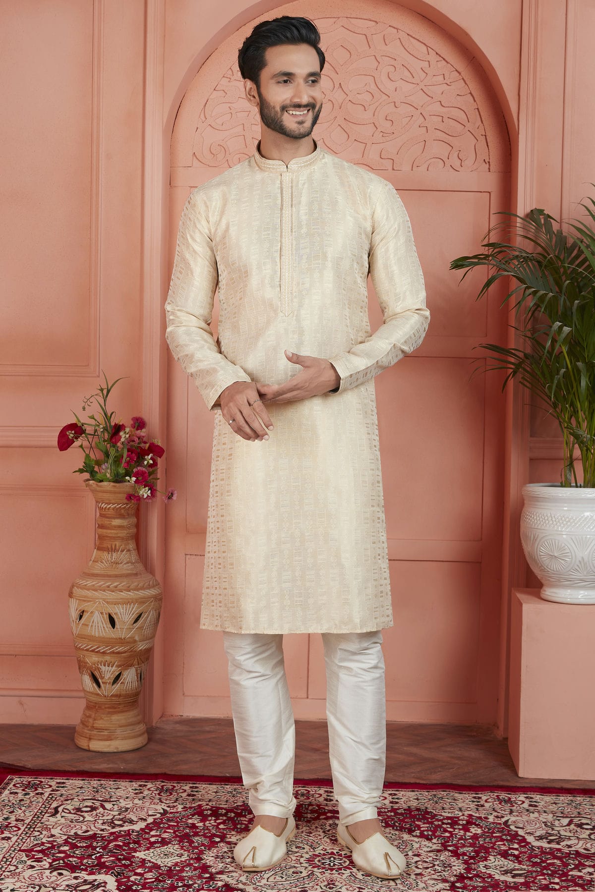 Cream Colour Jacquard Silk Brocade Kurta Pajama