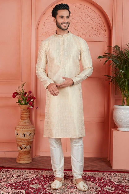 Cream Colour Jacquard Silk Brocade Kurta Pajama