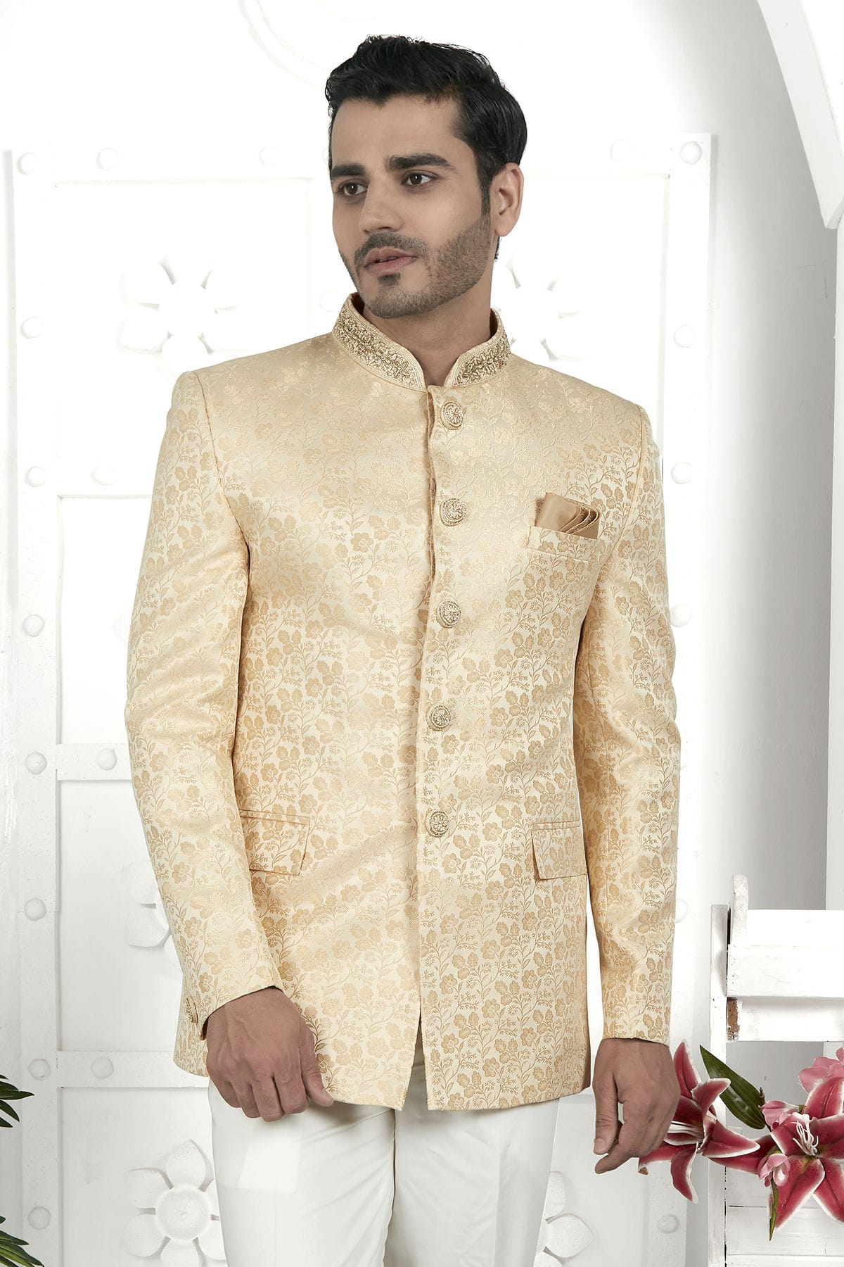 Cream Colour Jacquard Silk Jodhpuri Jacket VSJP1230104