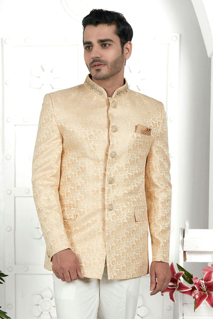 Cream Colour Jacquard Silk Jodhpuri Jacket VSJP1230104