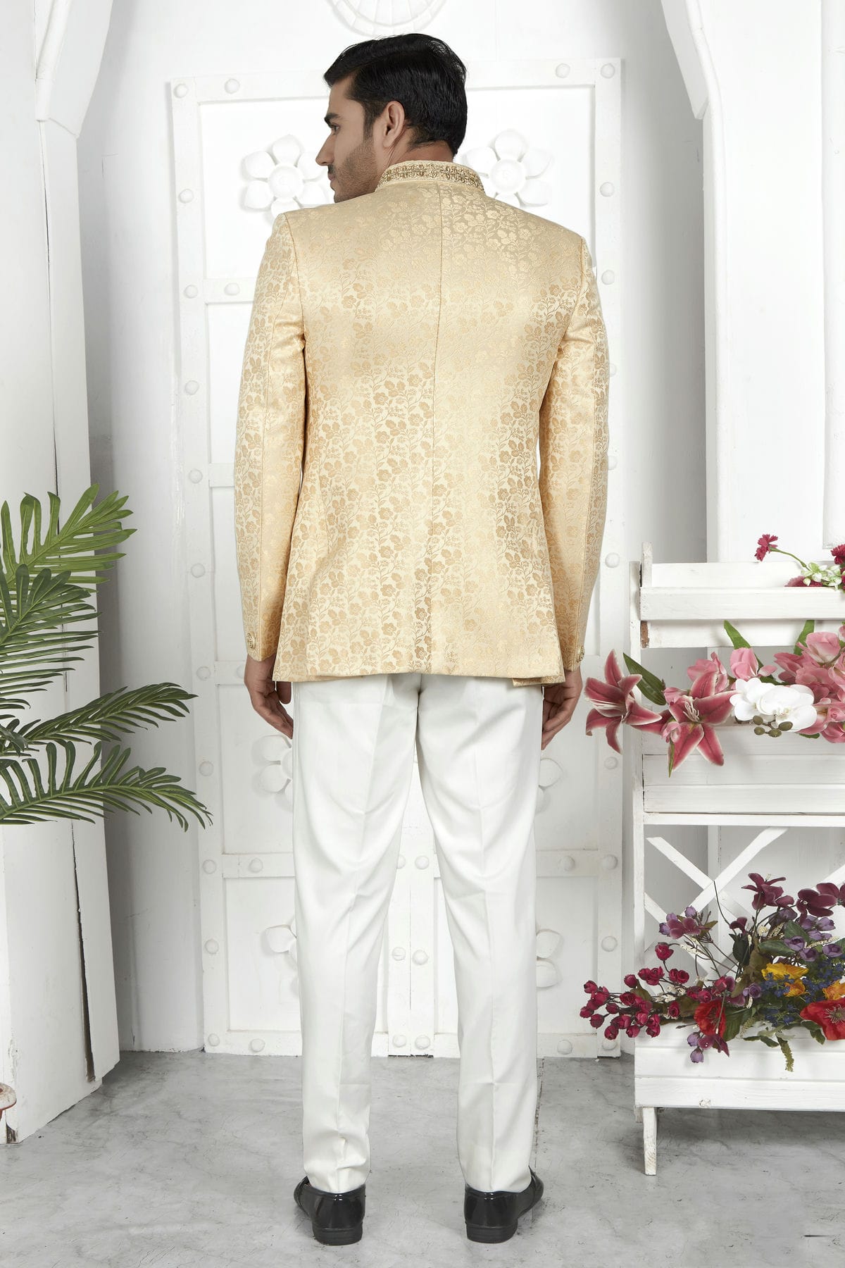 Cream Colour Jacquard Silk Jodhpuri Jacket VSJP1230104