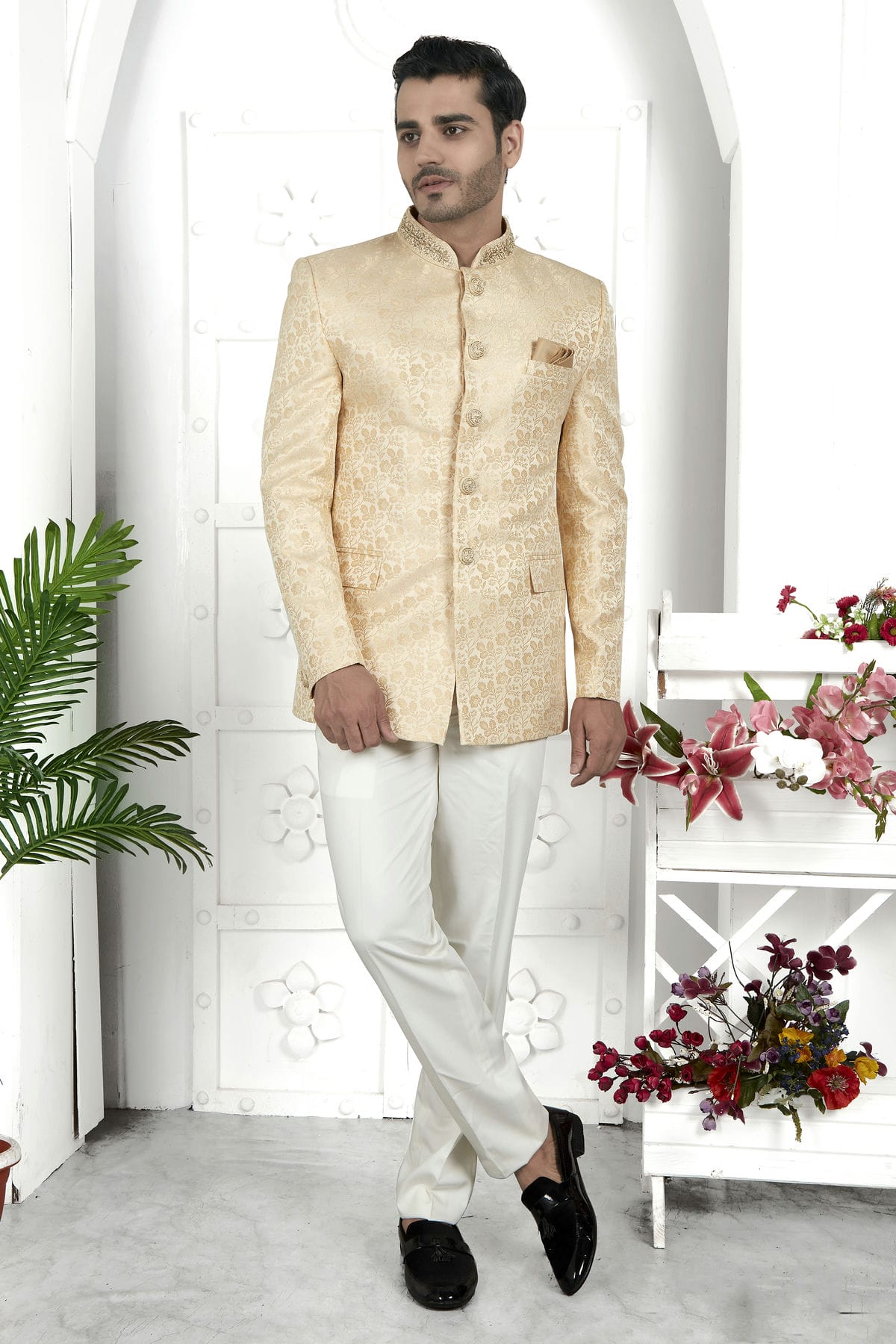 Cream Colour Jacquard Silk Jodhpuri Jacket