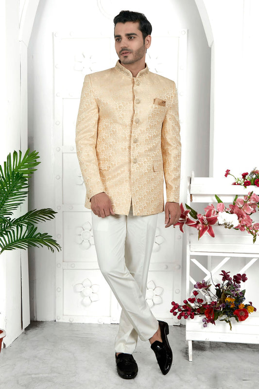 Cream Colour Jacquard Silk Jodhpuri Jacket