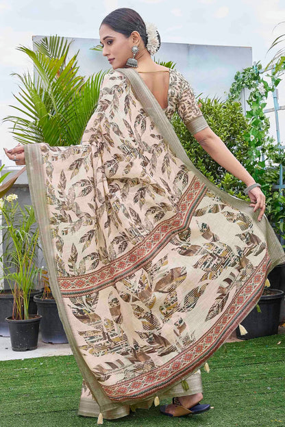 Cream Colour Linen Blend Printed Saree