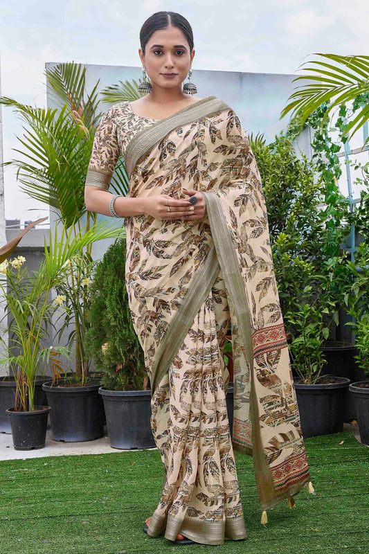 Cream Colour Linen Blend Printed Saree