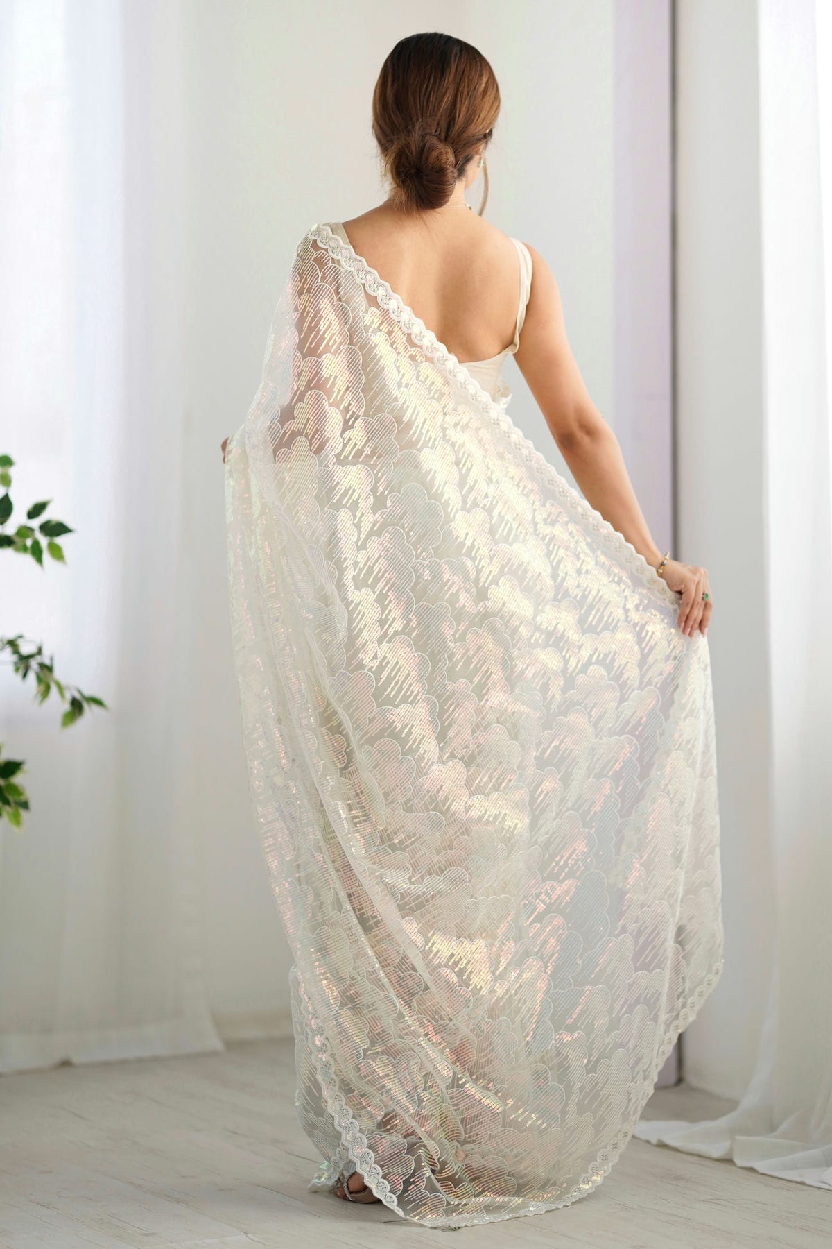 Cream Colour Mono Net Designer Saree