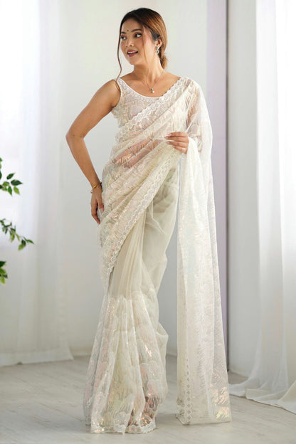 Cream Colour Mono Net Designer Saree