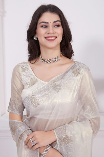 Cream Colour Net Designer Saree