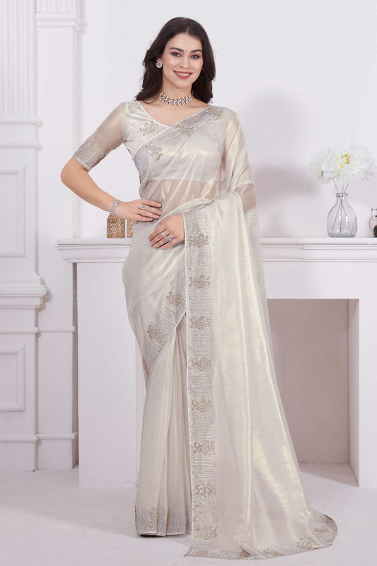 Cream Colour Net Designer Saree