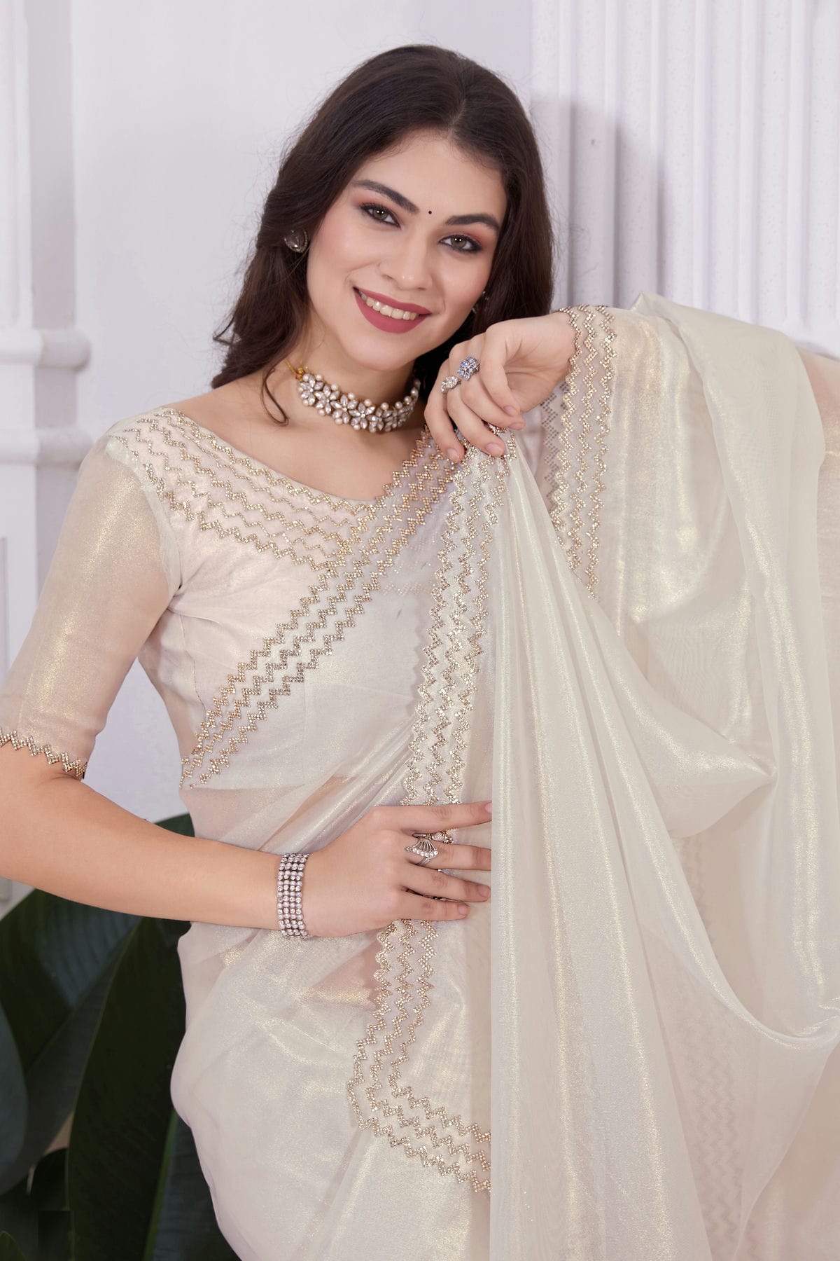 Cream Colour Net Designer Saree