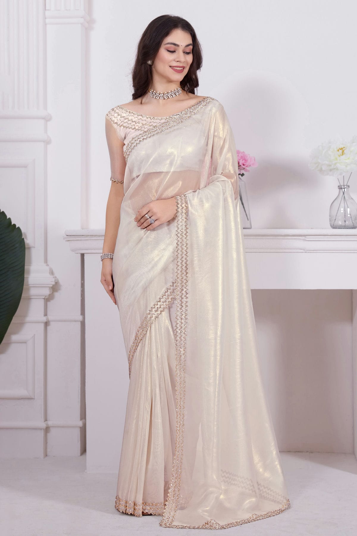 Cream Colour Net Designer Saree