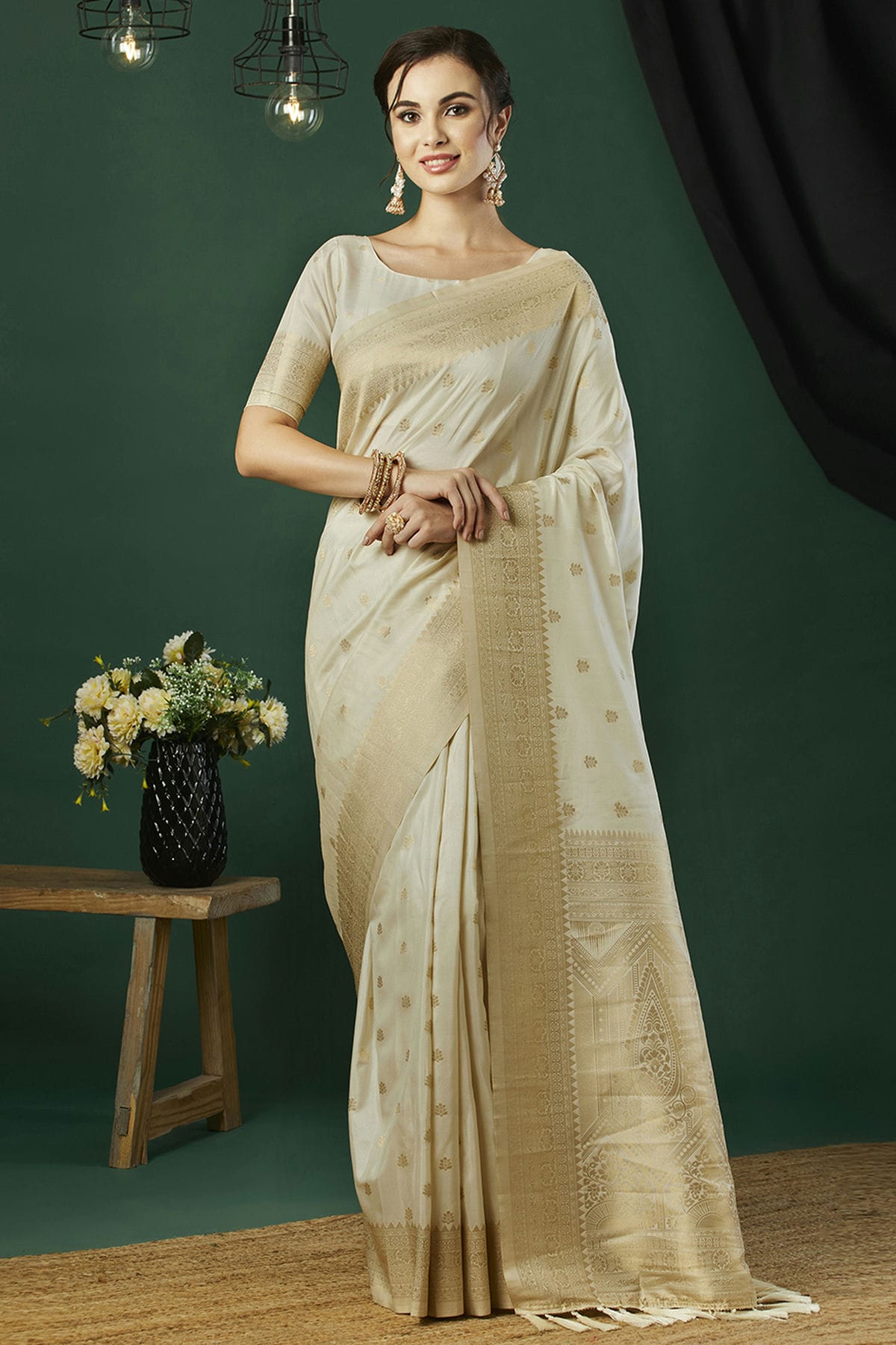 Cream Colour Nylon Banarasi Traditional Saree