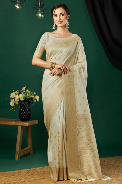 Cream Colour Nylon Banarasi Traditional Saree