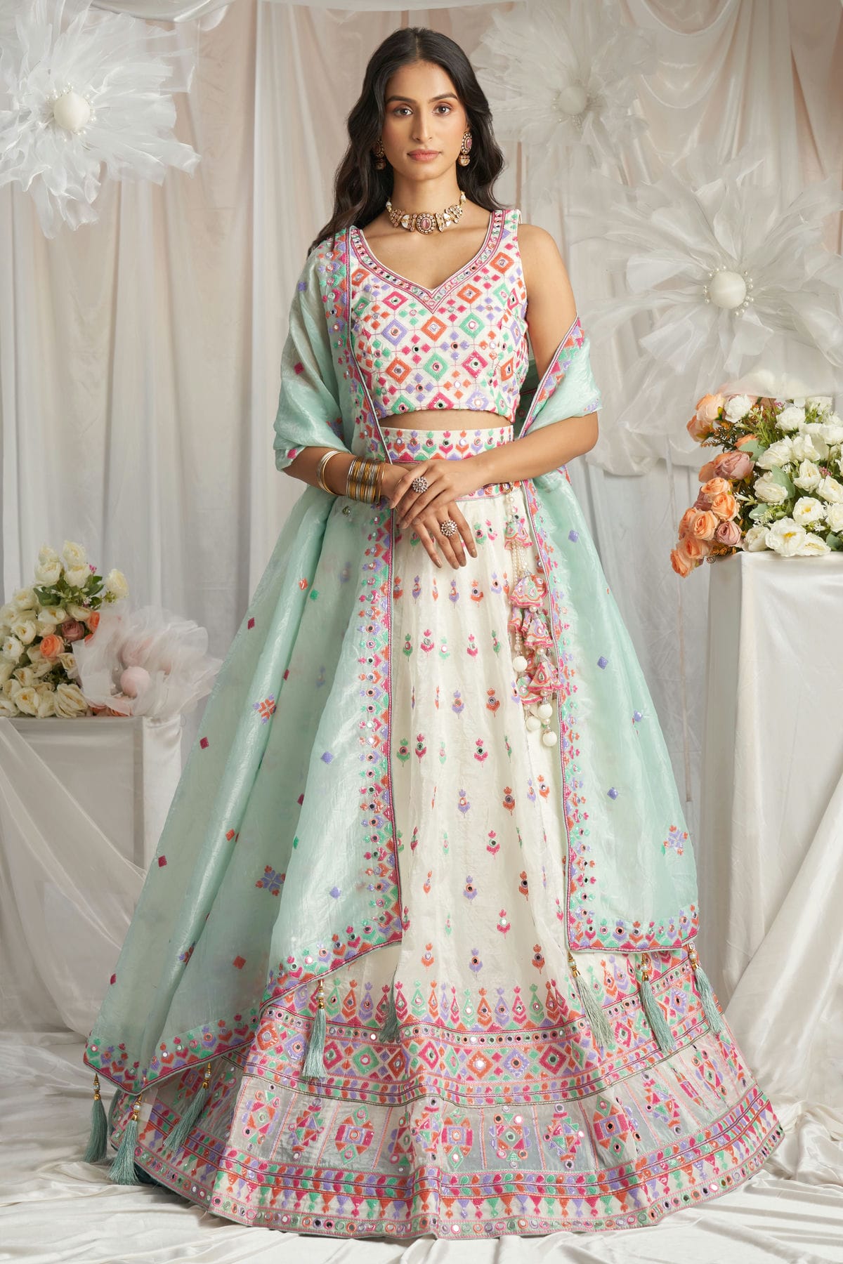 Cream Colour Organza Embroidery Lehenga Choli