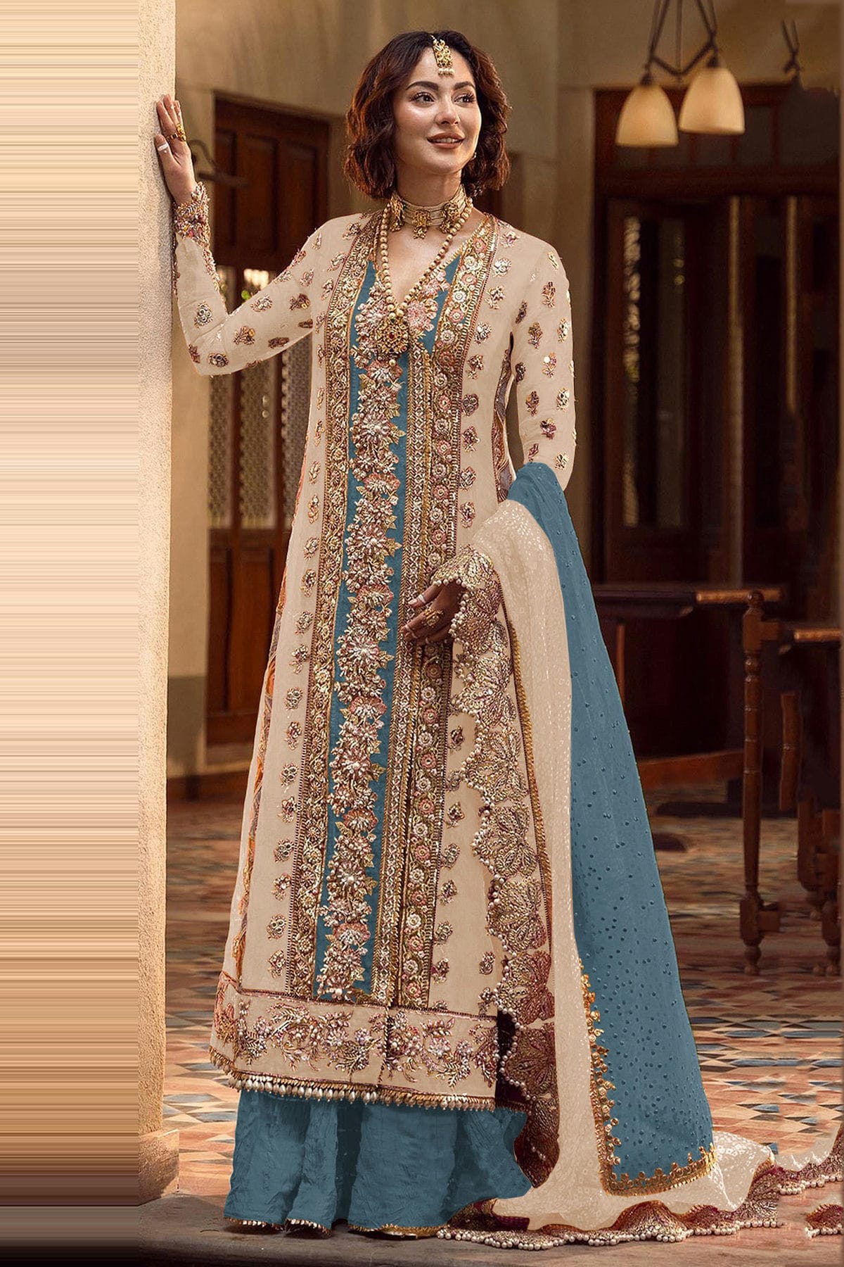 Cream Colour Organza Pakistani Suit