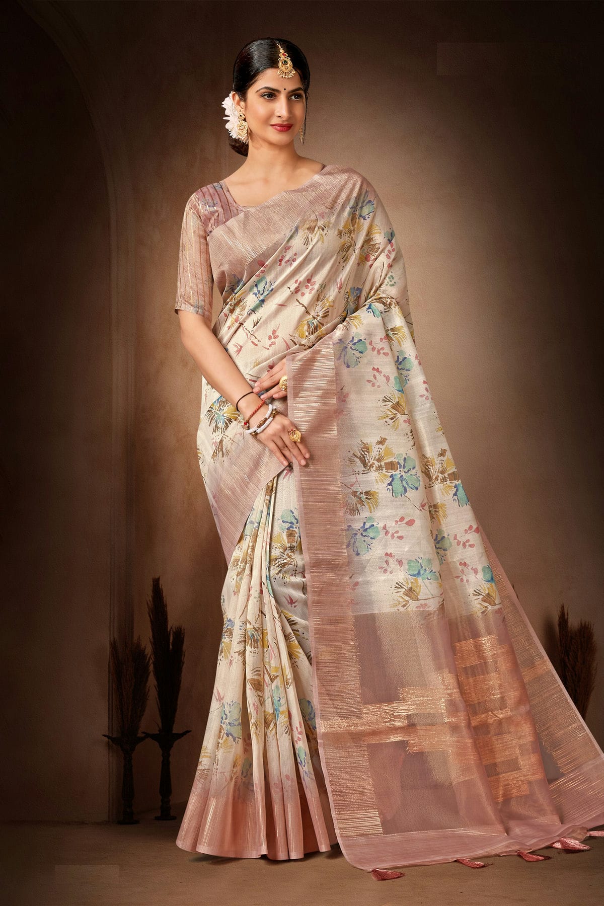 Cream Colour Organza Printed Saree