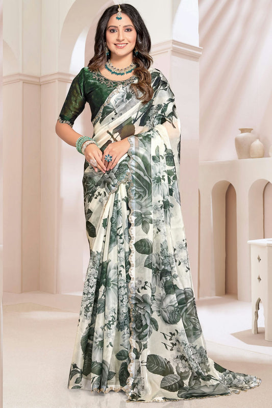 Cream Colour Organza Silk Designer Saree