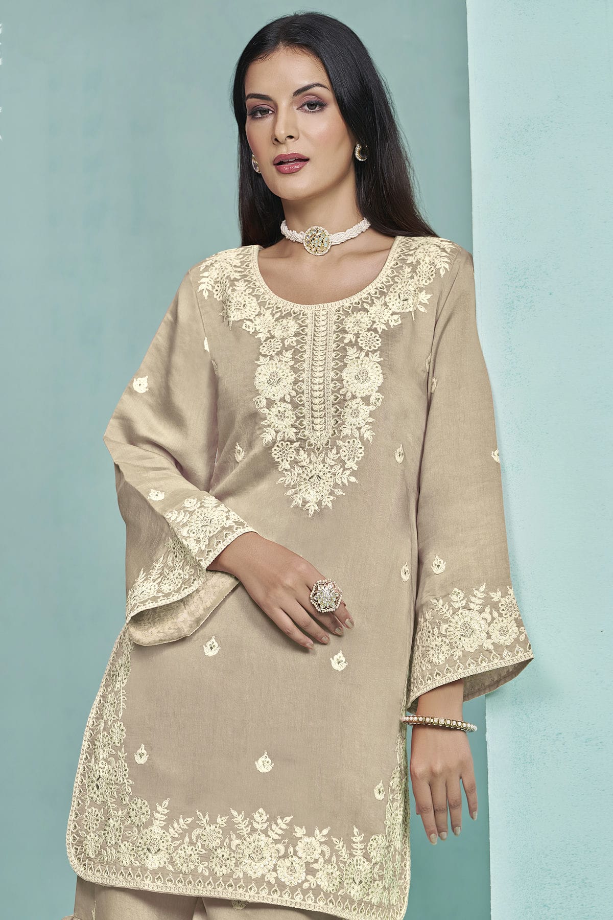 Cream Colour Roman Silk Sharara Suit