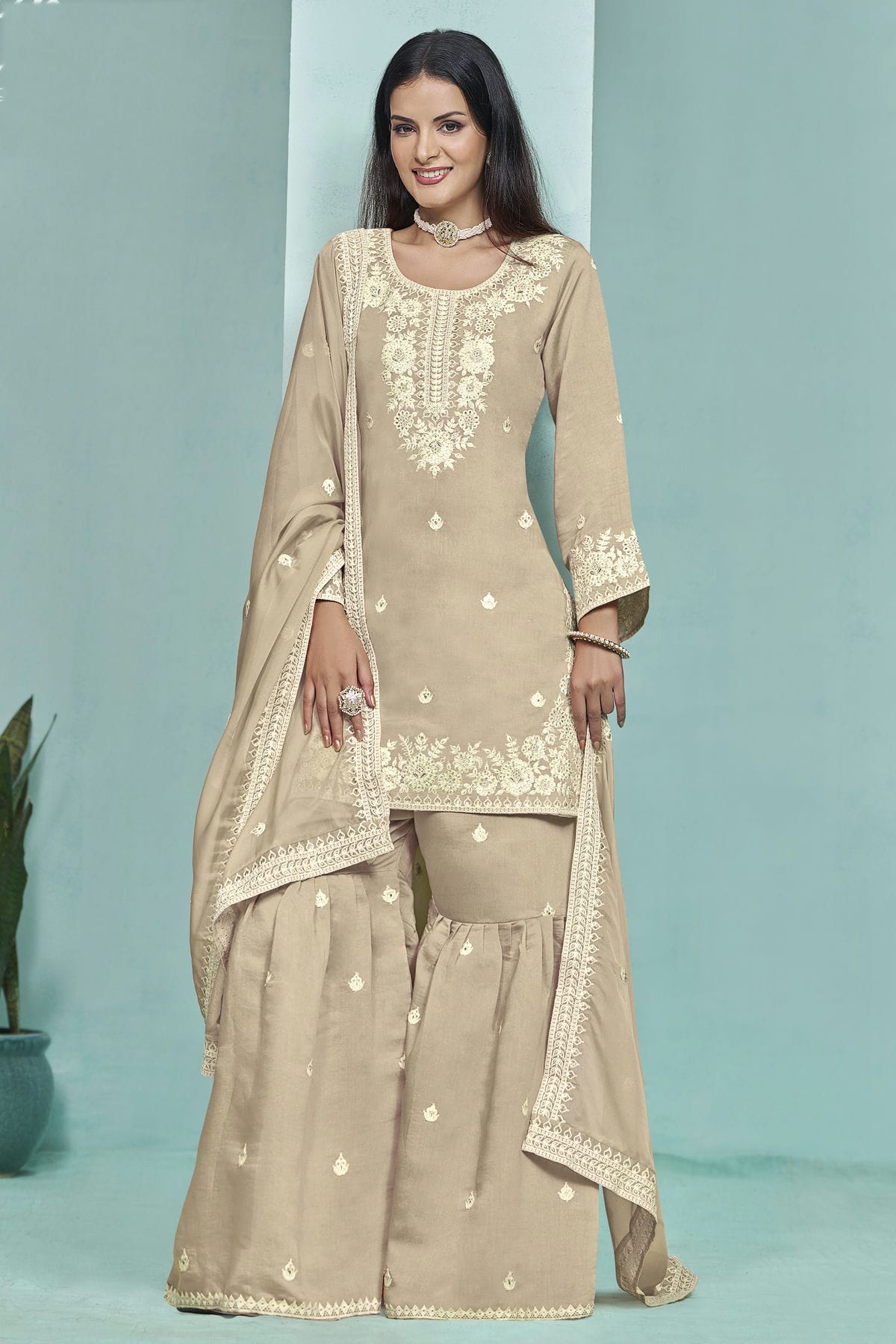 Cream Colour Roman Silk Sharara Suit