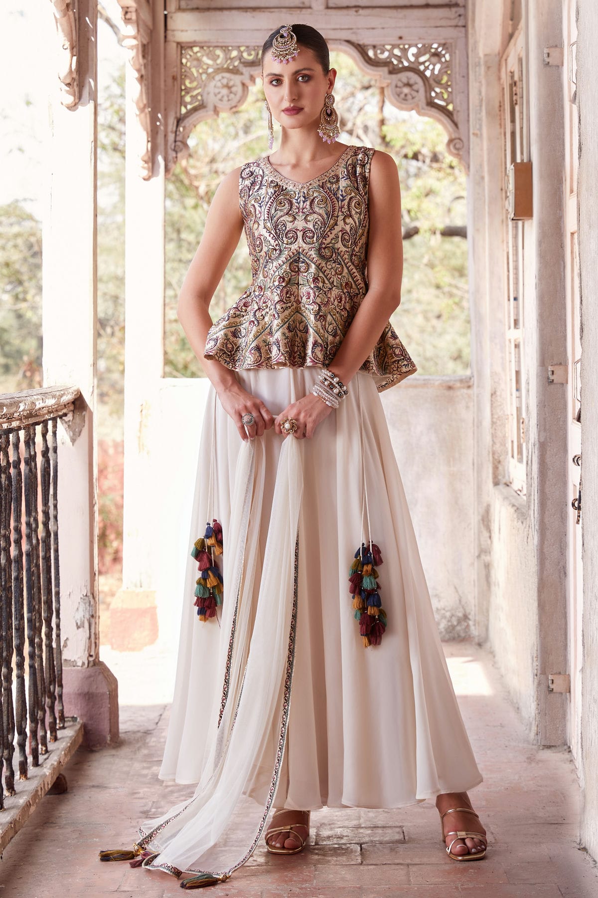 Cream Colour Satin Sharara Suit