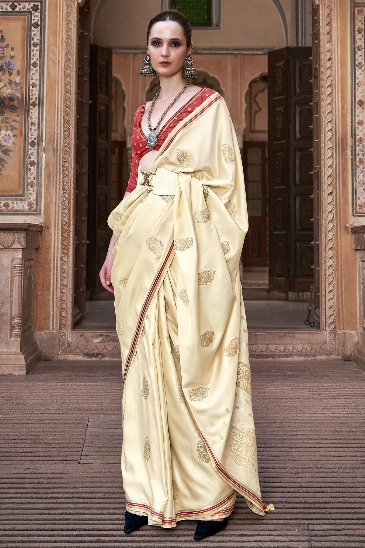 Cream Colour Satin Silk Saree