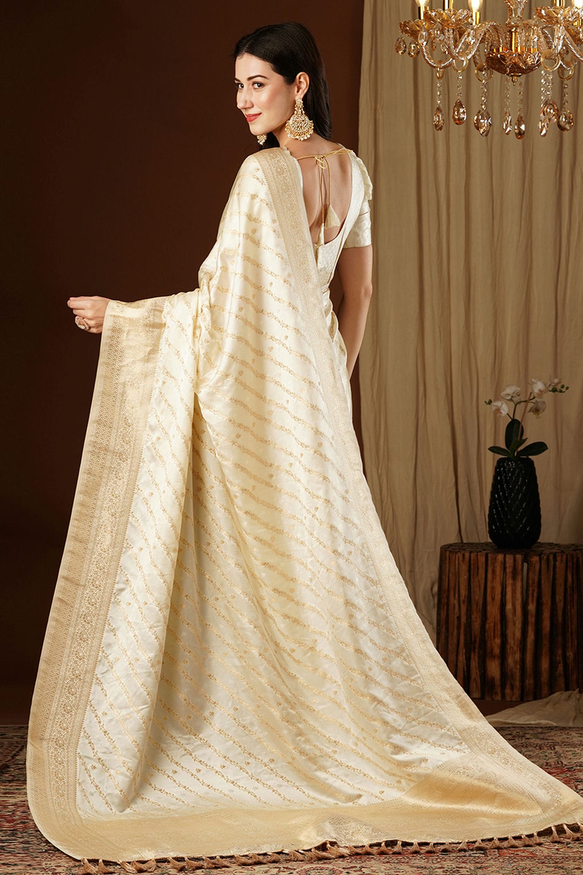 Cream Colour Satin Silk Traditional Saree