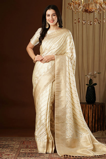 Cream Colour Satin Silk Traditional Saree