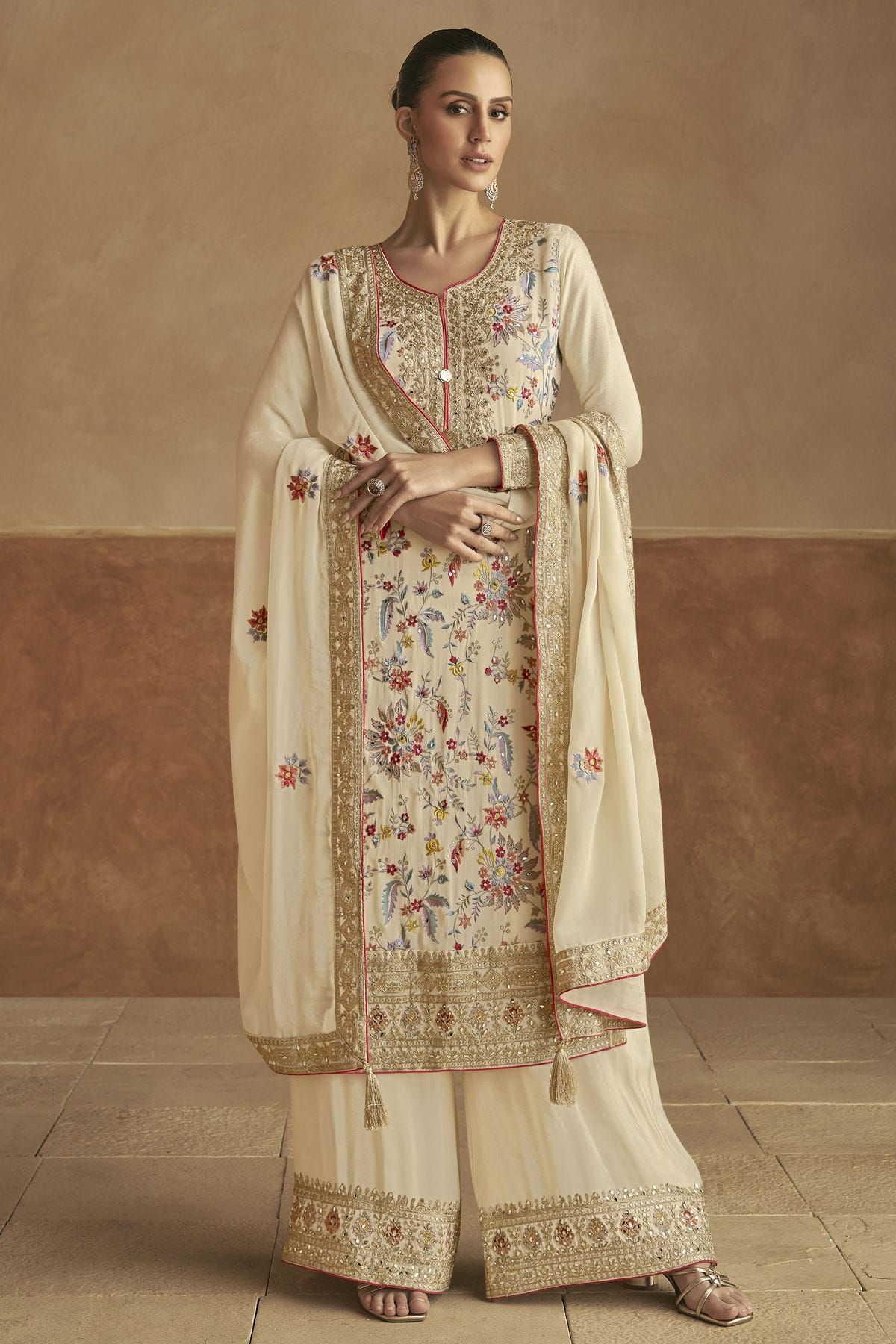 Cream Colour Semi Stitched Chinon Palazzo Pant Suit