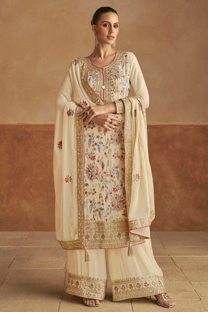 Cream Colour Semi Stitched Chinon Palazzo Pant Suit